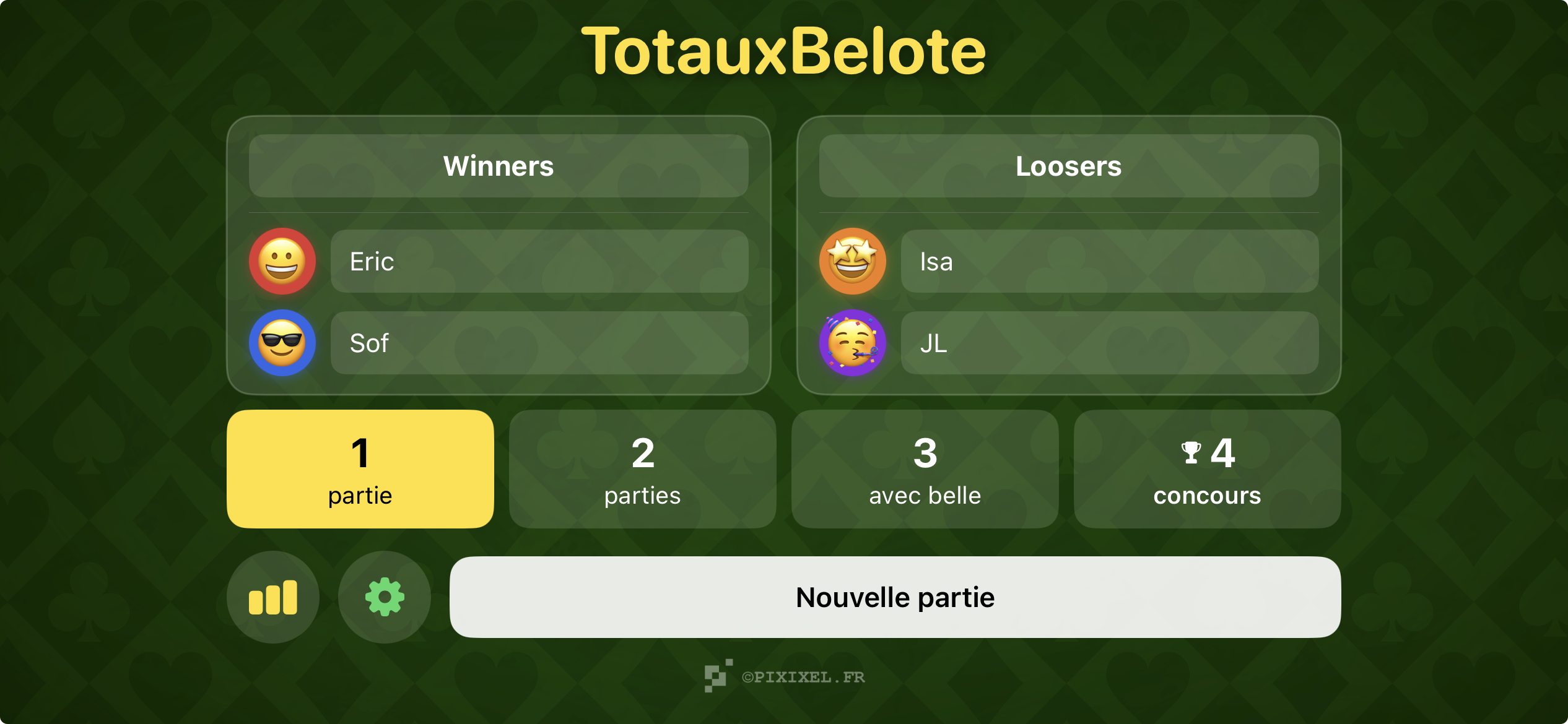 Écran d'accueil de TotauxBelote avec deux équipes Winners et Loosers