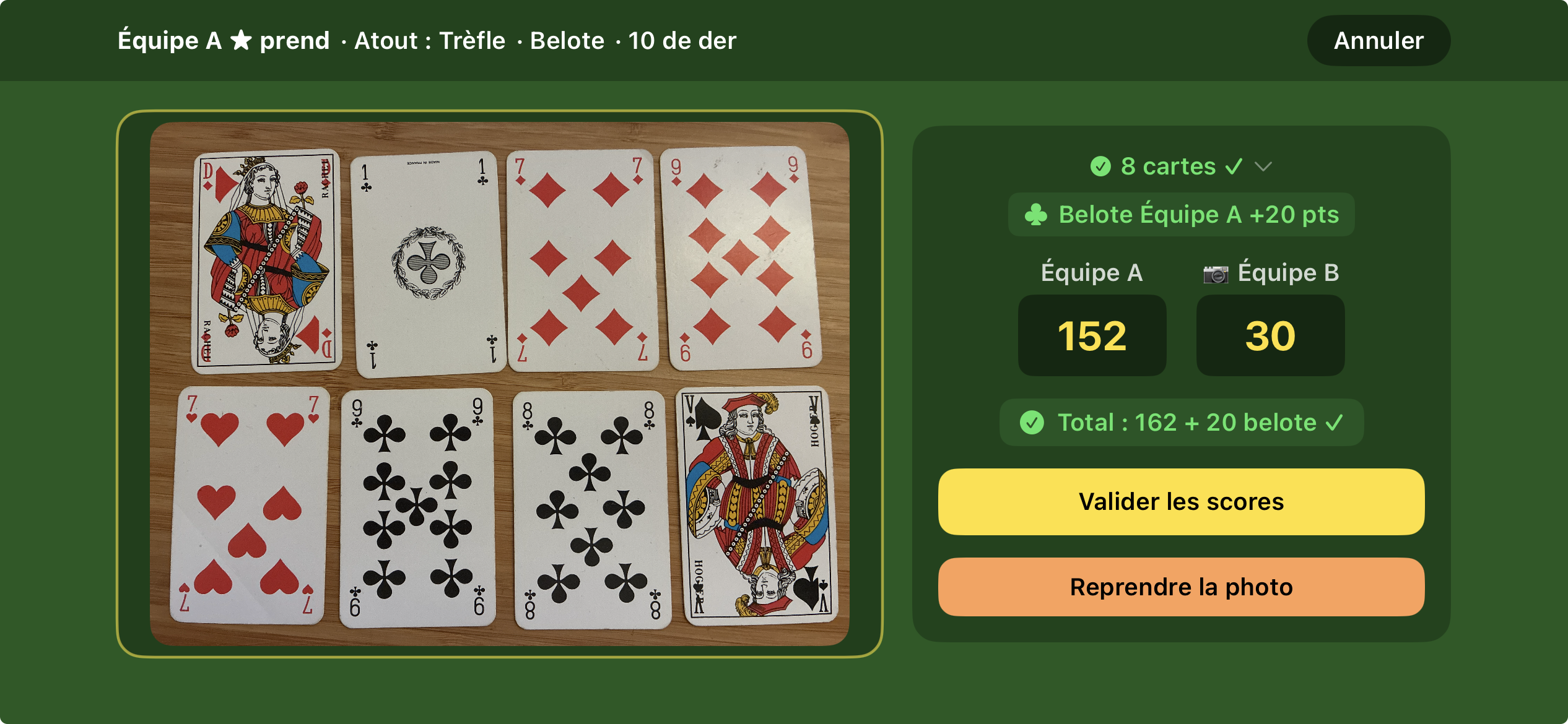 Résultat IA d'une donne avec belote détectée